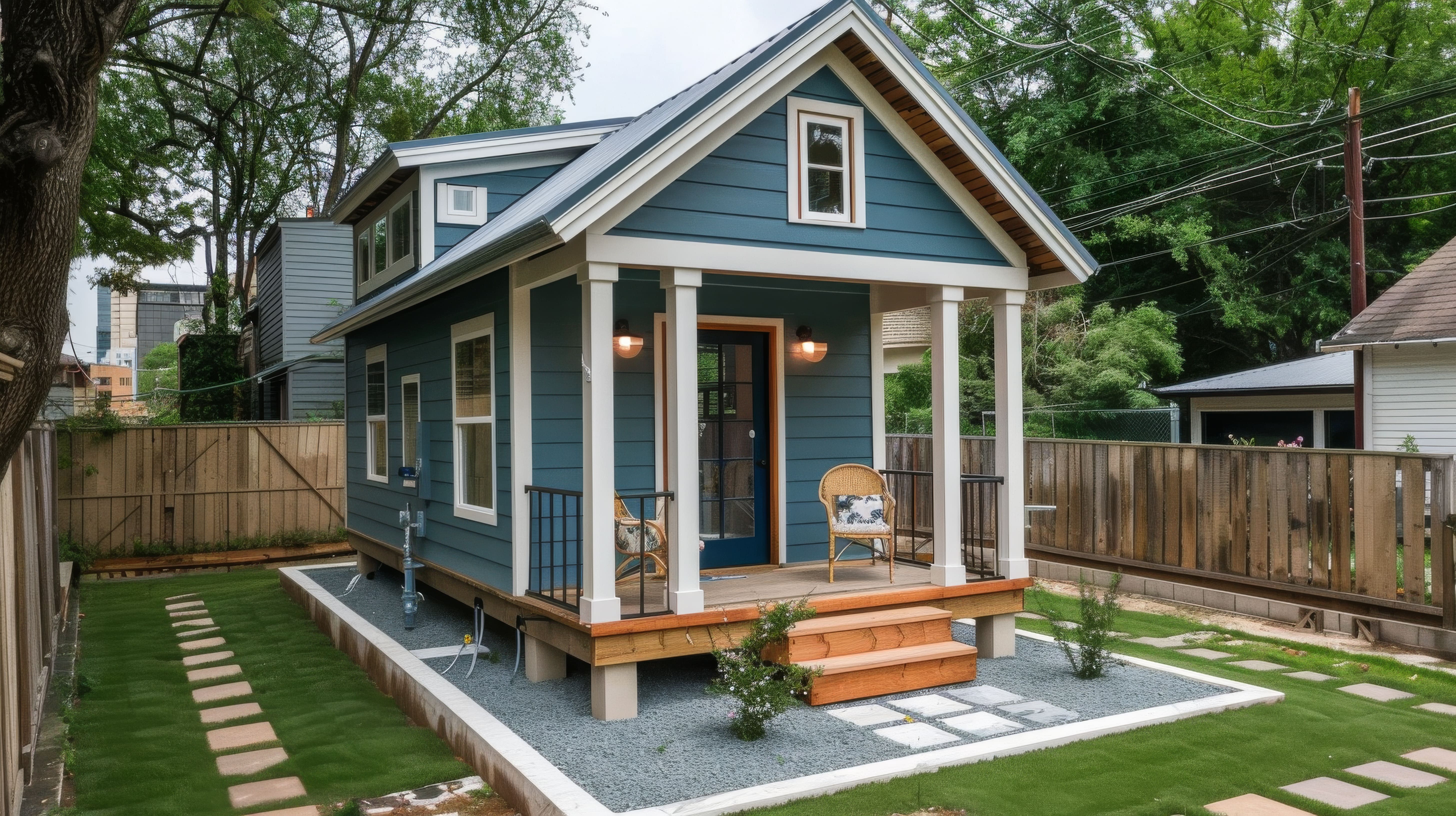 Modern blue ADU with covered porch and contemporary design